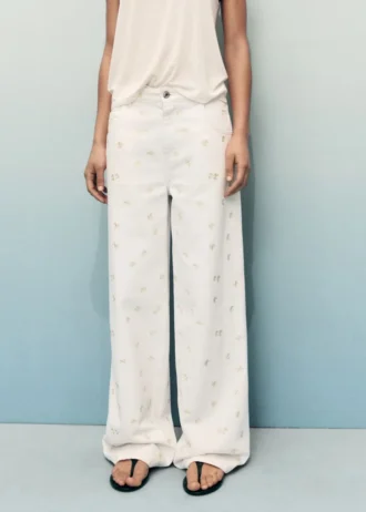 Džíny s širokými nohavicemi a květinovou výšivkou