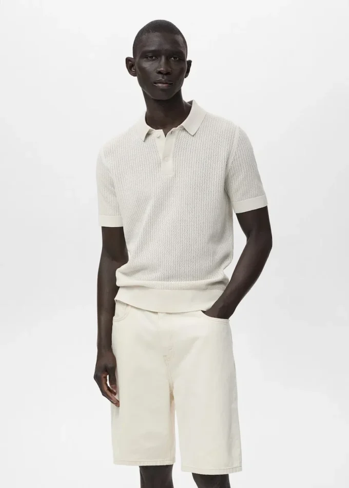 Pletené bavlněné polo tričko s krajkovým vzorem Pletené bavlněné polo tričko s krajkovým vzorem