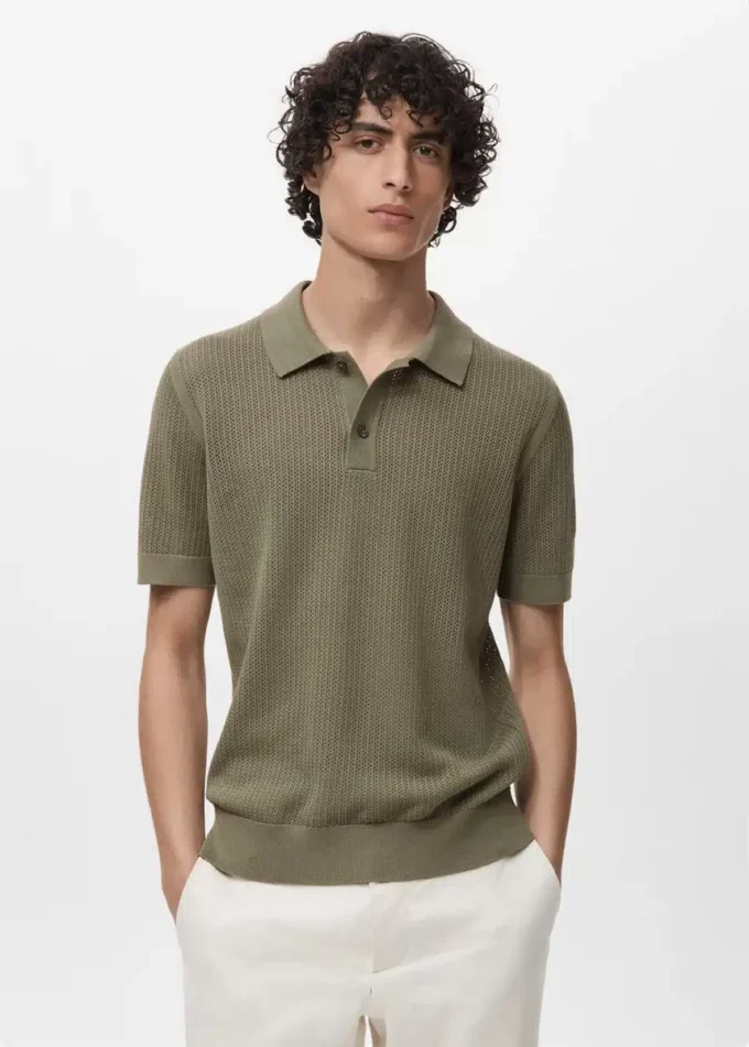 Pletené bavlněné polo tričko s krajkovým vzorem Pletené bavlněné polo tričko s krajkovým vzorem