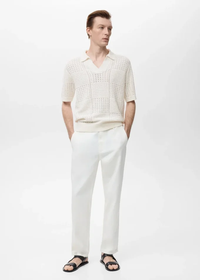 Pletené bavlněné polo tričko s krajkovým vzorem Pletené bavlněné polo tričko s krajkovým vzorem