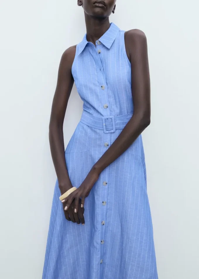 Pruhované šaty ve stylu košile ze směsi lnu