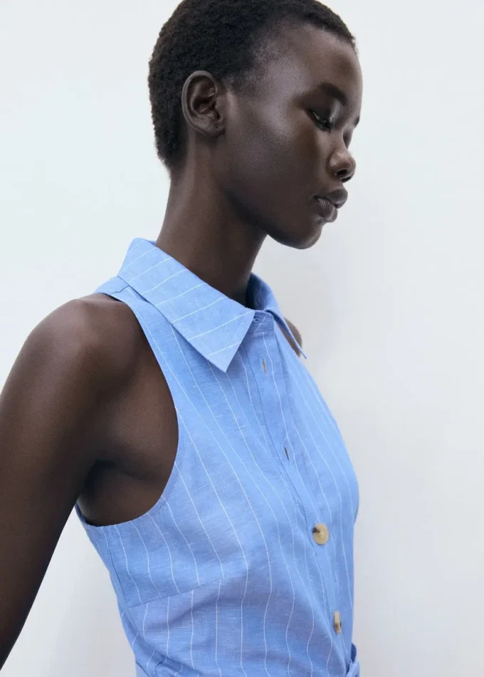 Pruhované šaty ve stylu košile ze směsi lnu