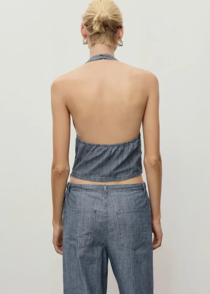 Pruhované denimové tričko s překříženým výstřihem Pruhované denimové tričko s překříženým výstřihem